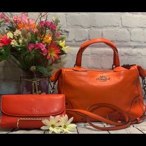 **COACH**Beautiful Orange MICKIE SATCHEL GRAIN LEATHER w/Checkbook Wallet